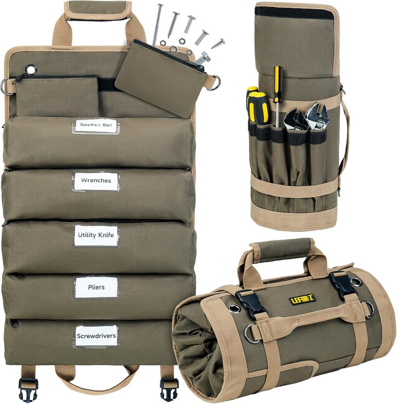 LEFORZ Tool Bag,Large Roll Up Tool Bag Organizer,13 Pockets Tool Roll Storage Pouch,Heavy Duty Portable Tool Storage Carrier Bag for Men,Mechanic,Electrician & Hobbyist,Olive Green - Image 1